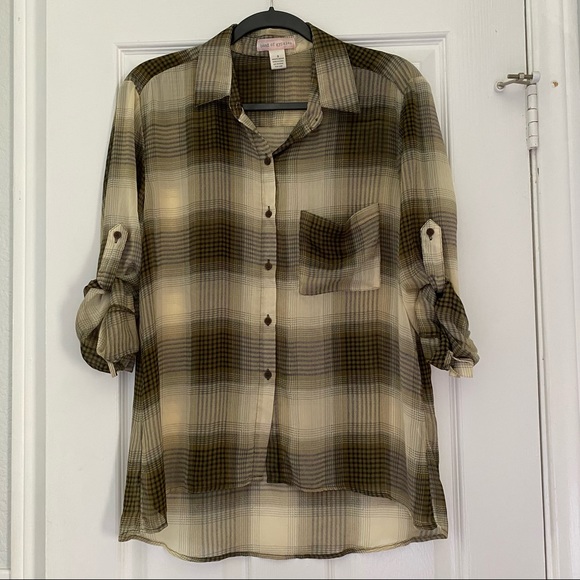 Band of Gypsies Tops - Plaid green sheer button up top